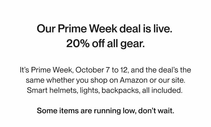 Text announcing Prime Week offer: 20% off all UNIT 1 gear, including smart helmets, lights, and backpacks. Limited stock.