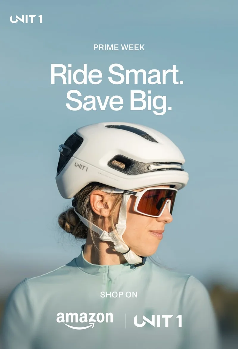 Cyclist wearing UNIT 1 smart helmet with text: Prime Week – Ride Smart. Save Big. Shop on Amazon and UNIT 1.