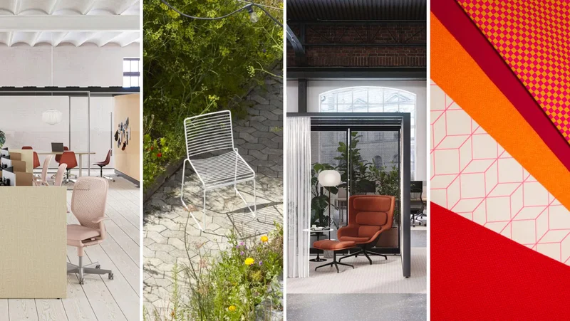 A four-panel multi-image with an office setting on the left with a pink task chair and cubicle wall at the forefront, next to an outdoor setting with a white wired chair, next to an office setting with a freestanding wall, frame, chair, and lamp, next to a geometric red, orange, and tan graphic.