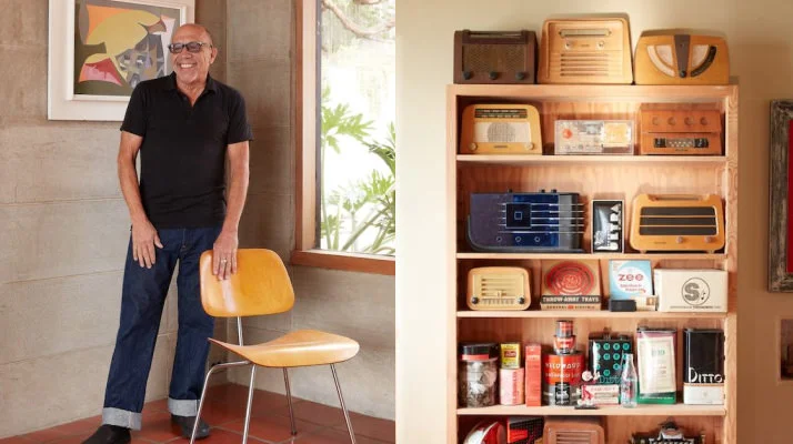 A photo on the left of Steve Cabella at home standing next to an Eames Plywood Chair with artwork and a window in the background. On the right, a photo of a wooden bookcase with Cabella’s collection of antique items.