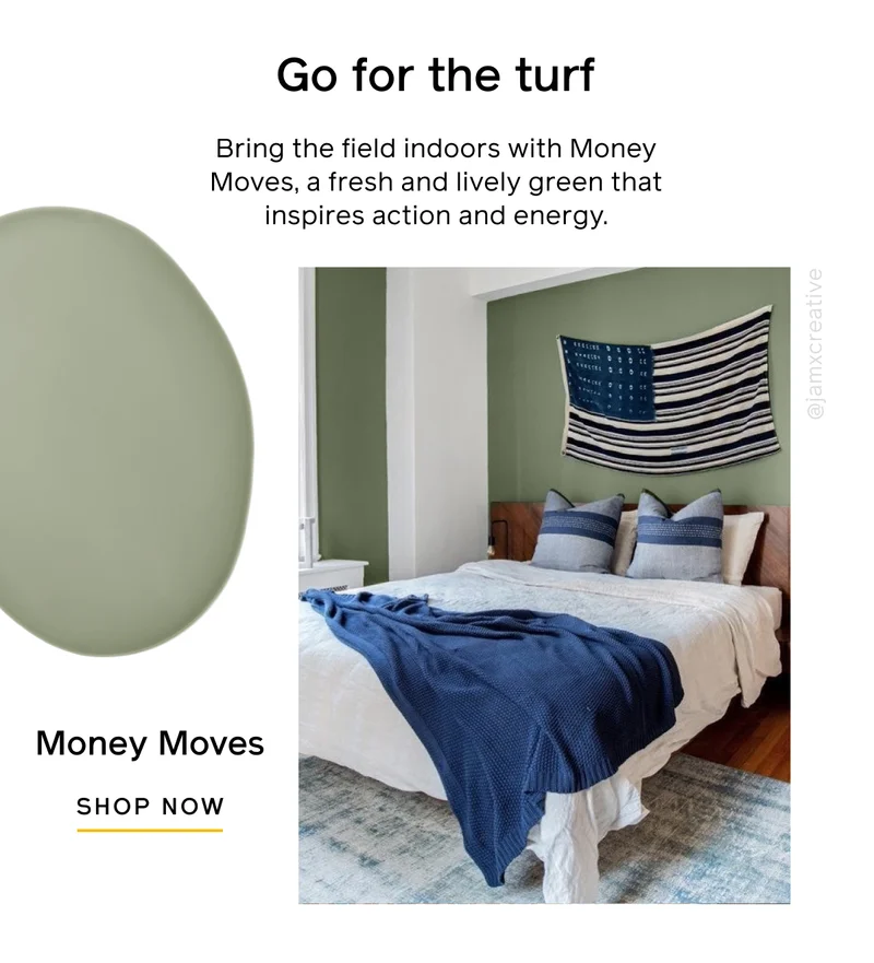 Go for the turf. Bring the field indoors with Money Moves, a fresh and lively green that inspires action and energy. Money Moves SHOP NOW