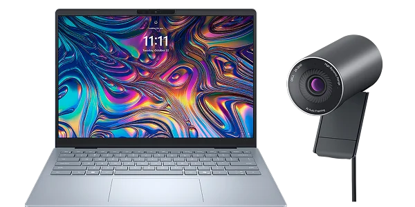 A Dell 14 Plus laptop computer and a Dell Pro Webcam.