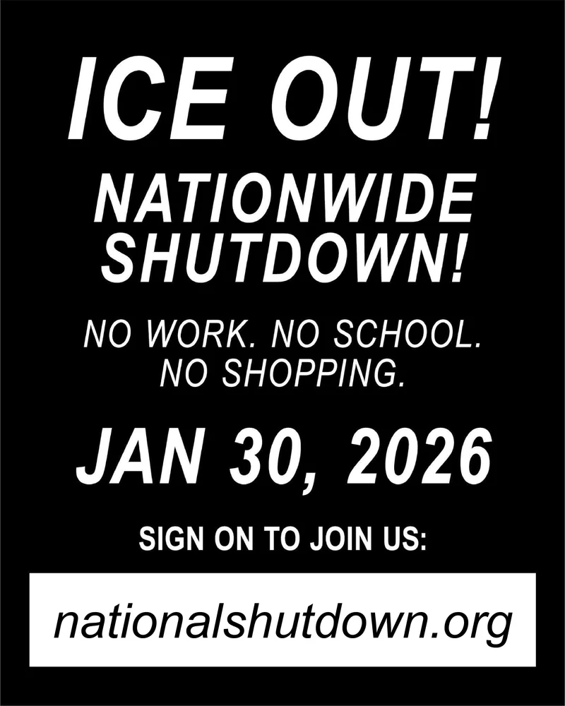 A black and white graphic with ICE OUT! and the dates and information in the link