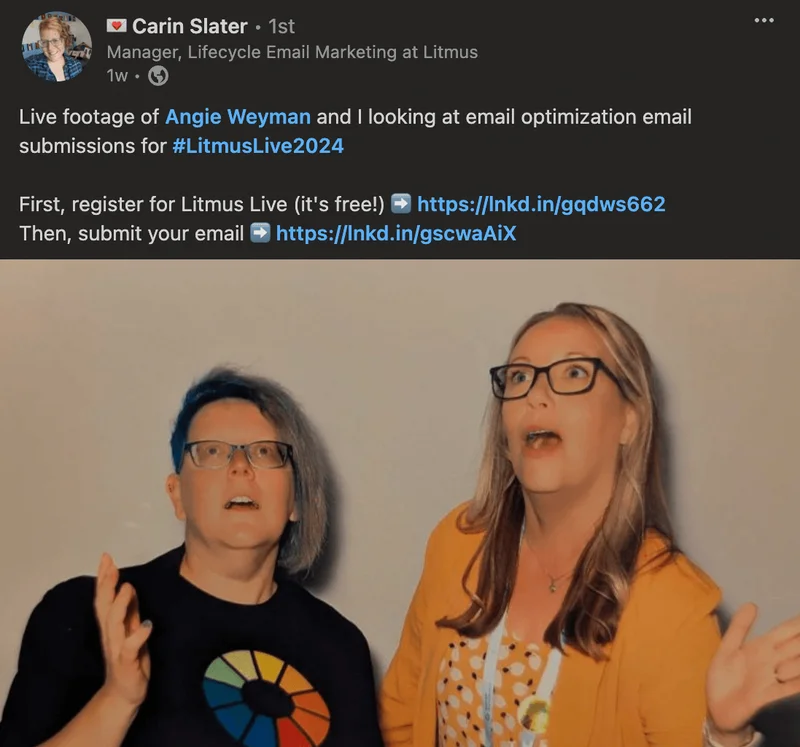 A photo of Carin Slater and Angie Weyman looking awed at something off camera 
that was posted to Carin's LinkedIn page.