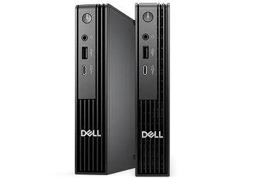 Two Dell Pro Micro Desktop computers on a gray background.