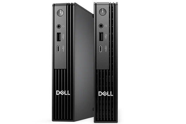 Two Dell Pro Micro Desktop computers on a gray background.