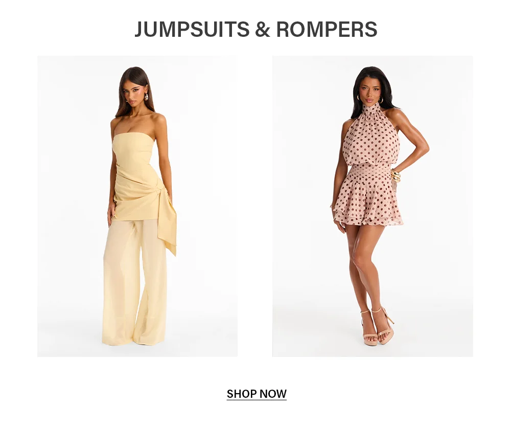 Jumpsuits & Rompers: yellow strapless wide-leg outfit and pink polka dot halter romper for women.