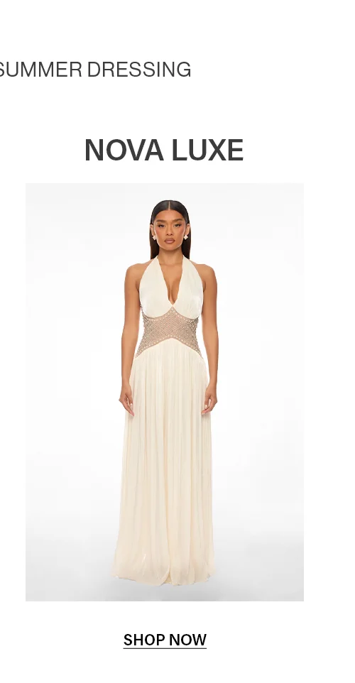 Nova Luxe champagne halter maxi dress with plunging neckline & beaded waist for summer elegance.