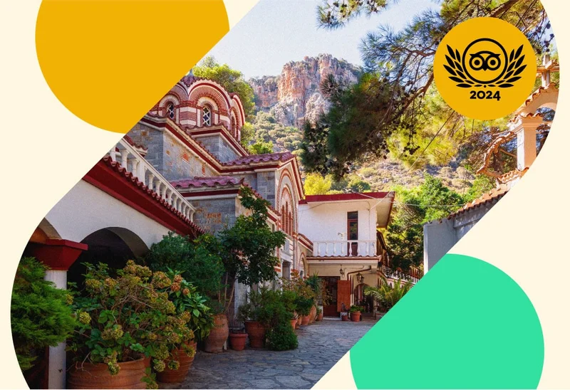 Image Description: Charming cobblestone street with abundant plants and greenery on the sidewalk and a multi-level stone house with ornate detailing. A large mountain range can be seen in the background. A light yellow and light green circle frame the image and a Travelers’ Choice Awards Best of the Best 2024 yellow logo is on the top right.