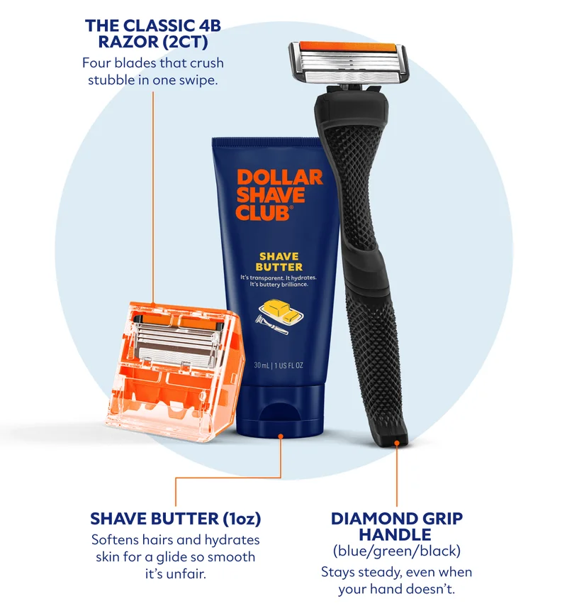The Classic 4B Razor (2ct) Four blades that crush stubble in one swipe. Diamond Grip Handle (Blue/Green/Black) Stays steady, even when your hand doesn’t. Shave Butter (1oz) Softens hairs and hydrates skin for a glide so smooth it’s unfair.
