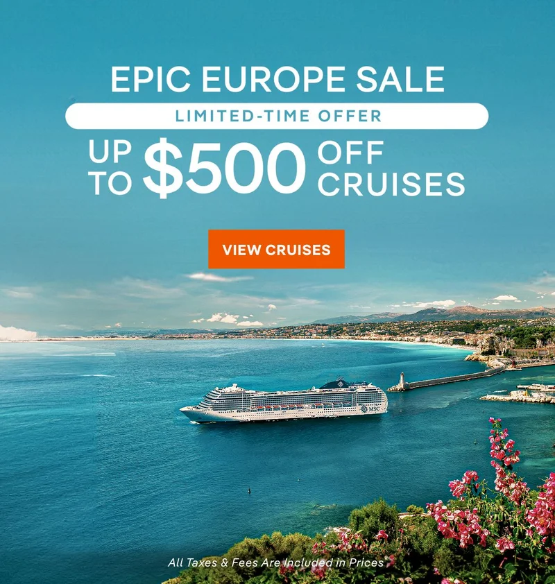 Epic Europe Sale – Up to $500 Off Cruises* – Click to View Cruises & Book Now – All Taxes & Fees Are Included in Prices* Epic Europe Sale – Up to $500 Off Cruises* – Click to View Cruises & Book Now – All Taxes & Fees Are Included in Prices*