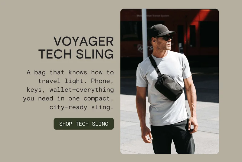 VOYAGER TECHSLING: A bag that knows how to travel light. Phone, keys, wallet—everything you need in one compact, city-ready sling.