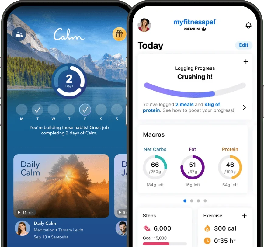 Calm x MyFitnessPal Phone UI screens