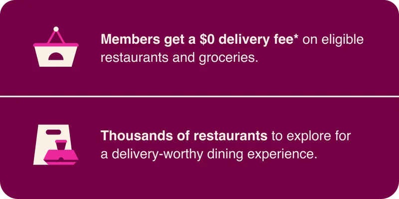 Members get more - Members get a $0 delivery fee* on eligible restaurants and groceries. - Delivery-worthy dining - Thousands of restaurants to explore.