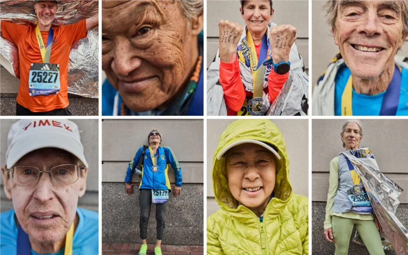 A collage of elderly runners posing for a photo.