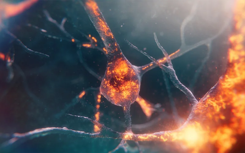 An illustration of the accumulation of neurofibrillary tangles inside a neuron.