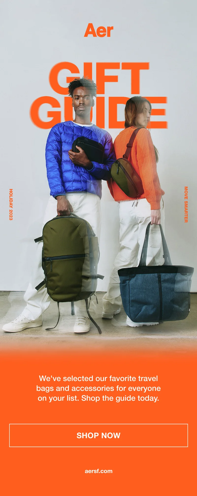 A man and woman modeling modern bags and backpacks from Aer