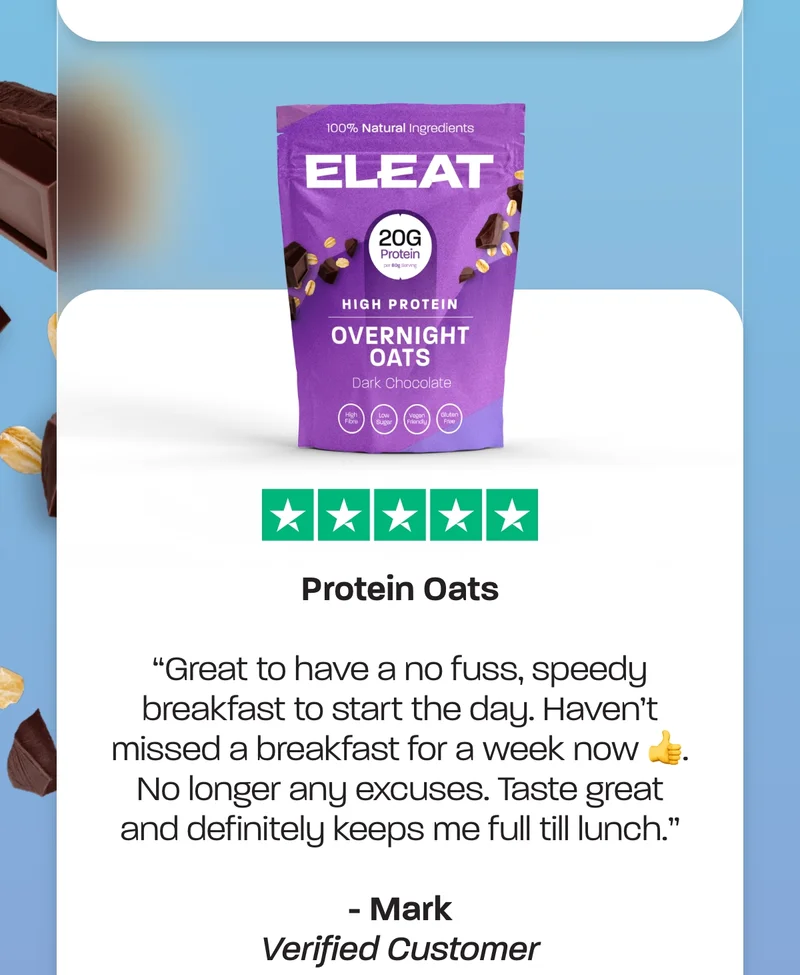 Protein Oats. "Great to have a no fuss, speedy breakfast to start the day. Haven't missed a breakfast for a week now 👍. No longer any excuses. Taste great and definitely keeps me full till lunch." – Mark