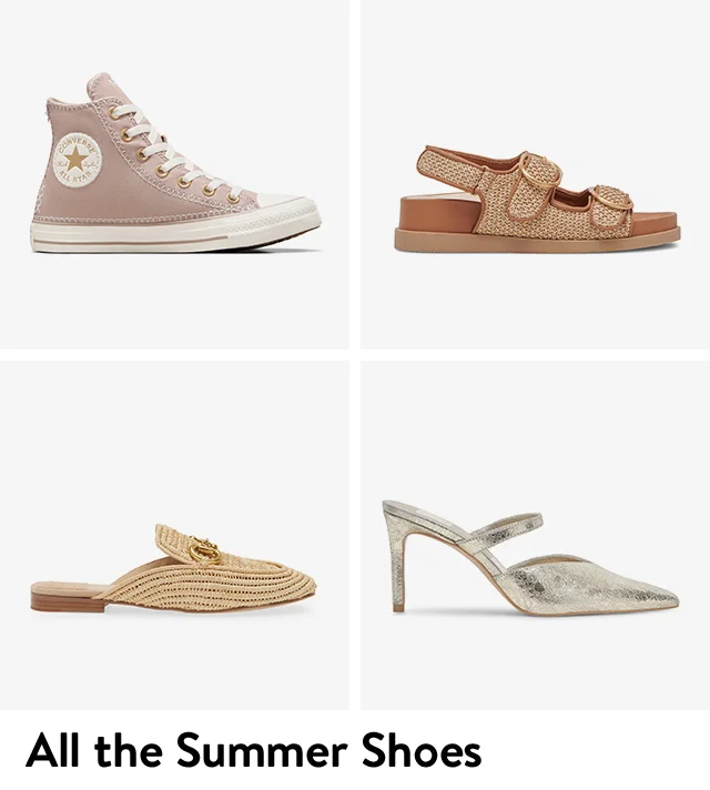 Converse All-Stars, woven sandals, woven slip-ons, high-heel sandals.
