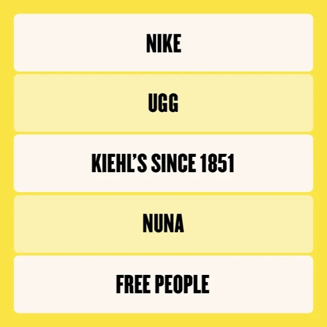 Best brands: Nike, UGG, Kiehl's Since 1851, Nuna, Free People.