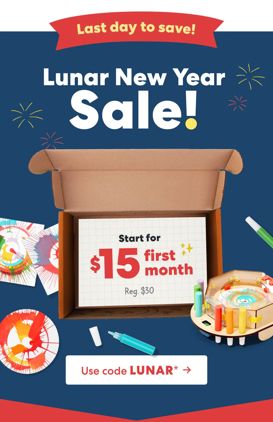 Brightly colored KiwiCo projects, including a dragon and DIY lantern, with a special offer: $15 for the first month. Use code LUNAR*. Click here to use code LUNAR* and claim $15 for your first month. Brightly colored KiwiCo projects, including a dragon and DIY lantern, with a special offer: $15 for the first month. Use code LUNAR*. Click here to use code LUNAR* and claim $15 for your first month.