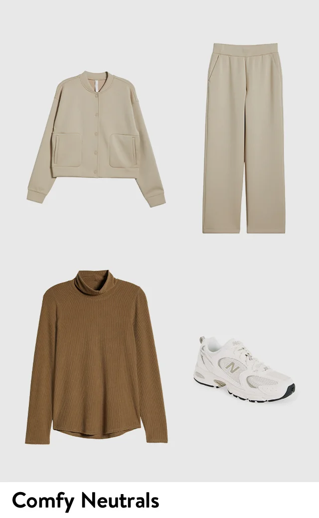 A brown mock-neck top, beige lounge pants, white running sneakers and a beige bomber jacket.