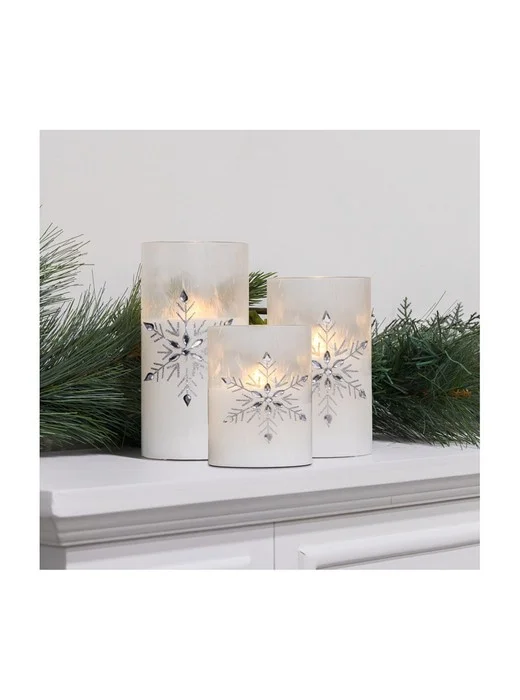 LumaBase Set of 3 Battery Operated Glass Snowflake Hurricanes