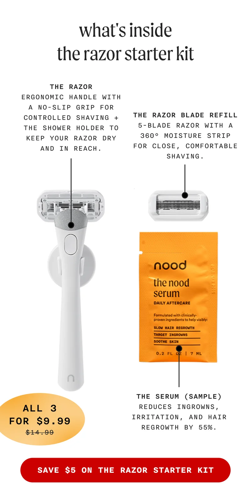 what's inside the razor starter kit - The Razor: Ergonomic handle with a no-slip grip for controlled shaving + the shower holder to keep your razor dry and in reach. - The Razor Blade Refill: 5-blade razor with a 360° moisture strip for close, comfortable shaving. - The Serum (Sample): Reduces ingrowns, irritation, and hair regrowth by 55%. - (All 3 FOR $9.99 - RETAILED AT $14.99) - SAVE $5 ON THE RAZOR STARTER KIT