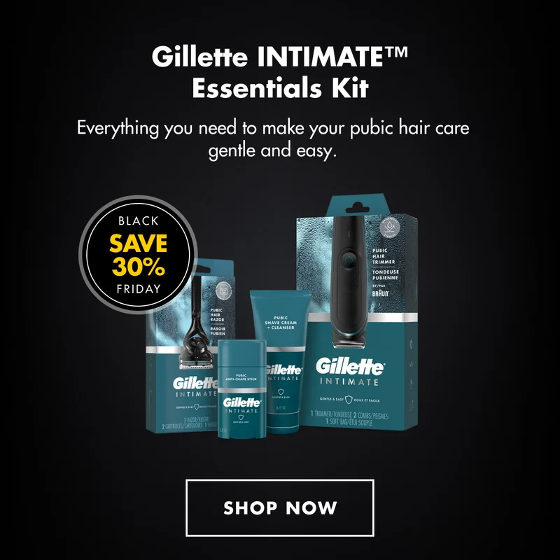 Gillette INTIMATE™ Essentials Kit - Everything you need to make your pubic hair care gentle and easy. BLACK FRIDAY - SAVE 30%. SHOP NOW