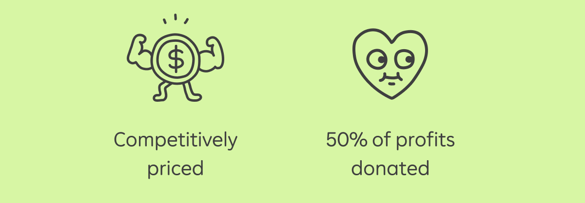 Helps reduce deforestation, B Corp™ certified for environment impact, Competitively priced, 50% of profits donated