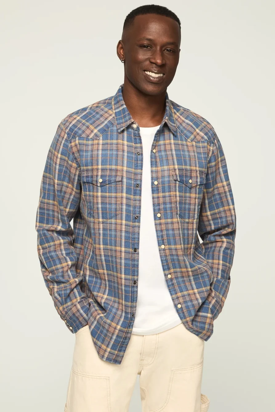 Image of Lucky Brand Indigo Twill Long Sleeve Western Shirt - Men's Clothing Outerwear Shirt Jackets in Navy Multi