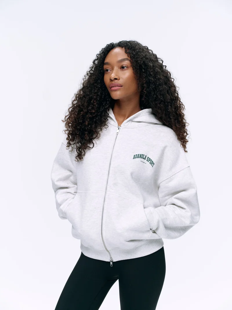 Image of AS Double Zip Relaxed Hoodie - Light Grey Melange/Sea Green