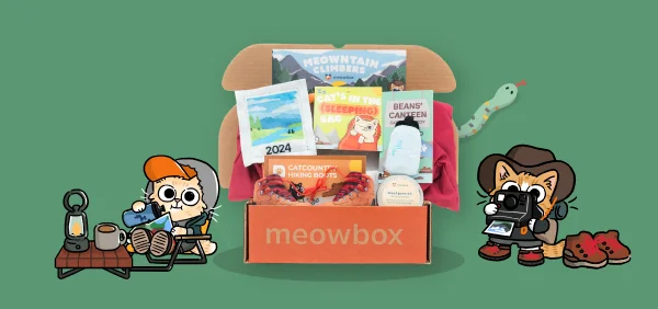 Image of the Meowntain Climbers meowbox (featuring toys like the Cat's In The (Sleeping) Bag, Beans' Canteen Bottle, Cat Country Hiking Boots cat toys and more)