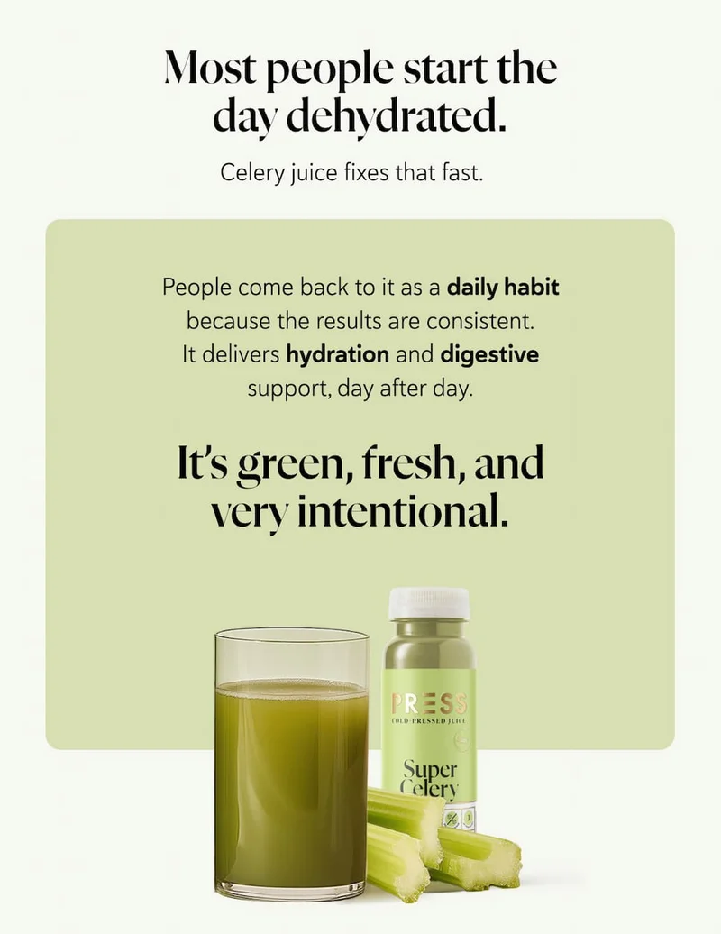 Most people start the day dehydrated. Celery juice fixes that fast. People come back to it as a daily habit because the results are consistent. It delivers hydration and digestive support, day after day. It’s green, fresh, and very intentional.