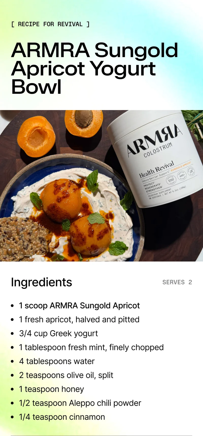 Apricot yogurt bowl with mint and spices next to an ARMRA Sungold Apricot container.