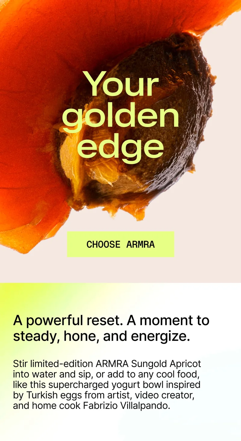 Close-up of a ripe apricot with text reading “Your golden edge.”