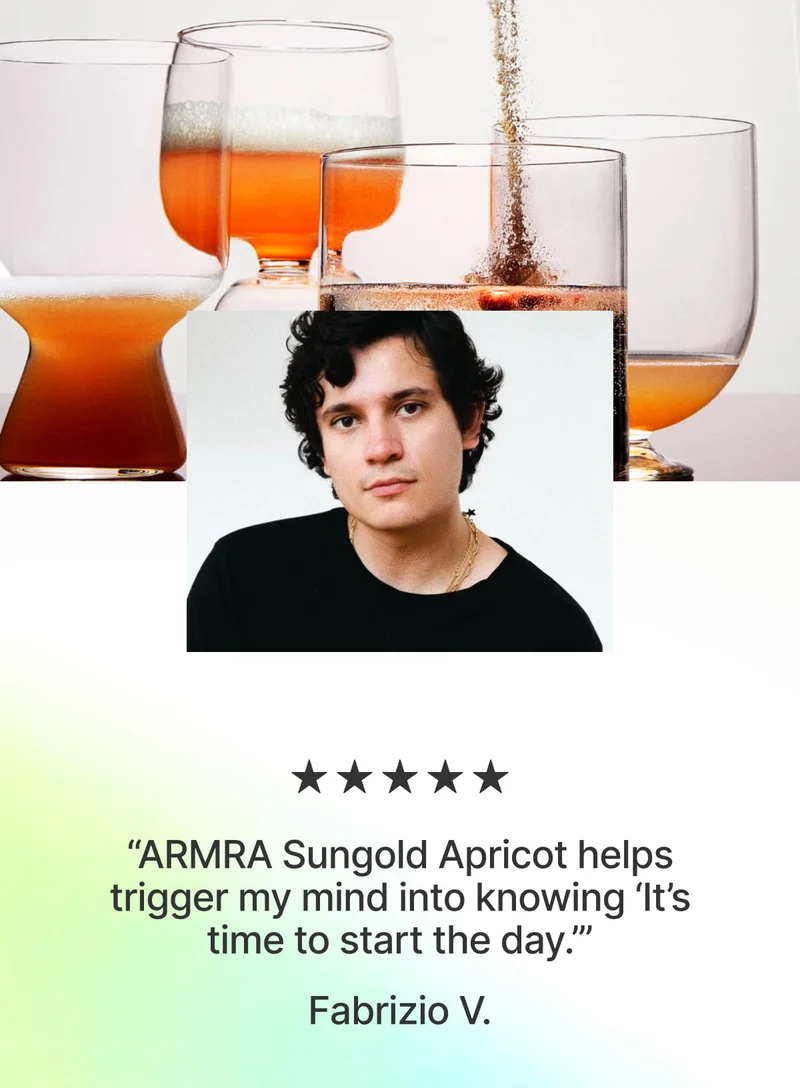 Glasses of apricot-colored drinks with a portrait of a dark-haired person centered.