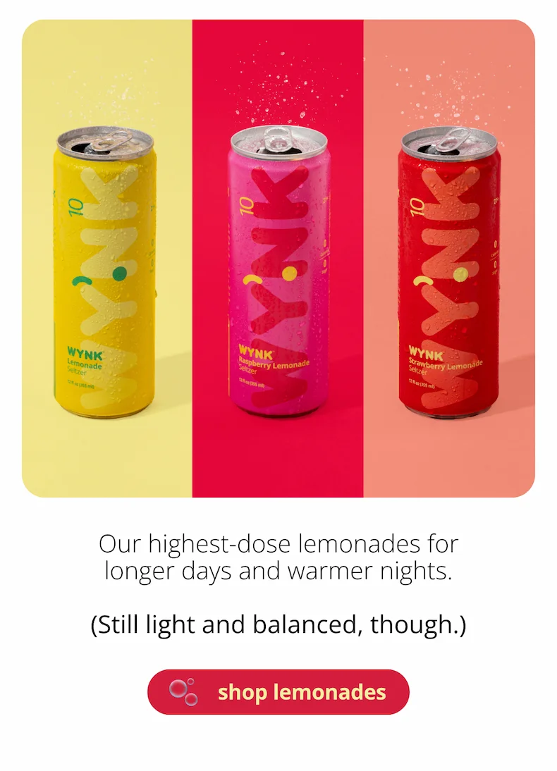Image of 3, 12-oz cans of Wynk in yellow, pink, and red, on bold colorful backgrounds.