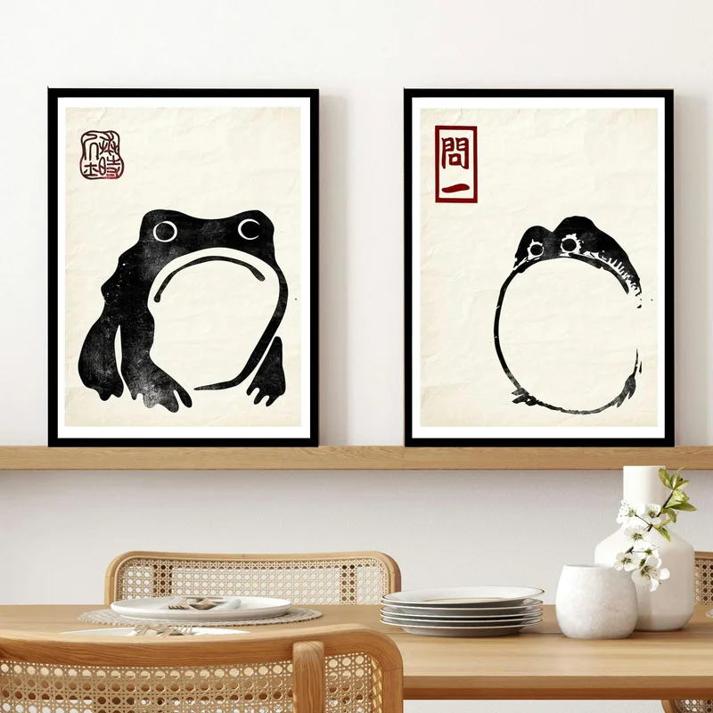Image of Set of 2 Frog Matsumoto Hoji Inspired Frog On Vintage Paper Japanese
