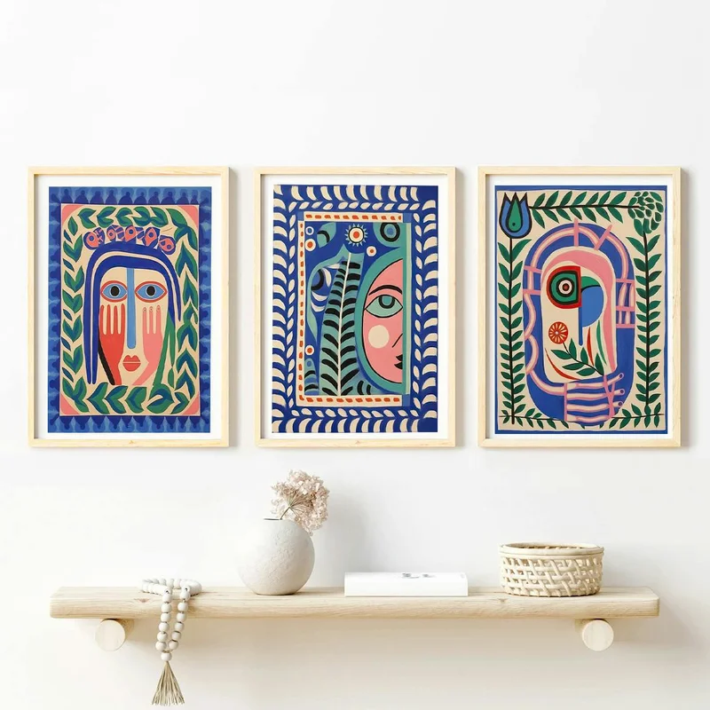 Image of Set of 3 Folk Art Abstract Face