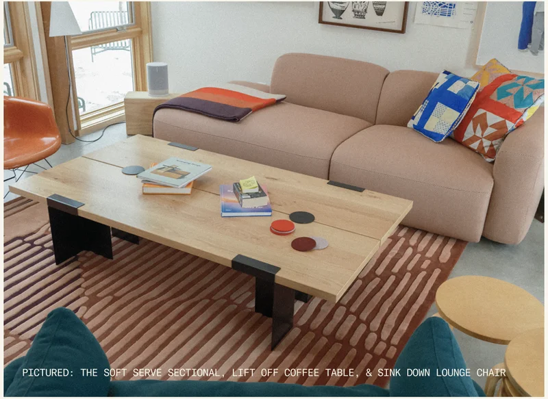 The Soft Serve Sectional, Lift Off Coffee Table, & Sink Down Lounge Chair at Parcel