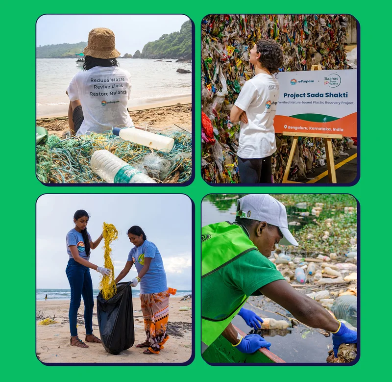 A grid of 4 photos of workers interacting with plastic waste