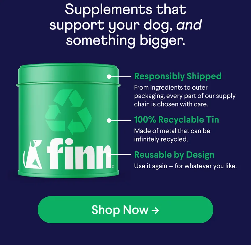 Supplements that support your dog, and something bigger. Image of green Finn tin with callouts: Responsibly Shipped:&nbsp;From ingredients to outer packaging, every part of our supply chain is chosen with care. 100% Recyclable Tin: Made of metal that can be infinitely recycled. Reusable by Design: Use it again — for whatever you like. Green "Shop Now" CTA with arrow.