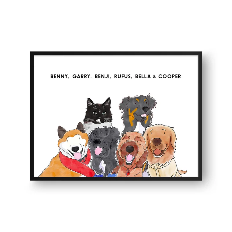 Image of Watercolor Pet Portrait - Six Pets, Framed Poster