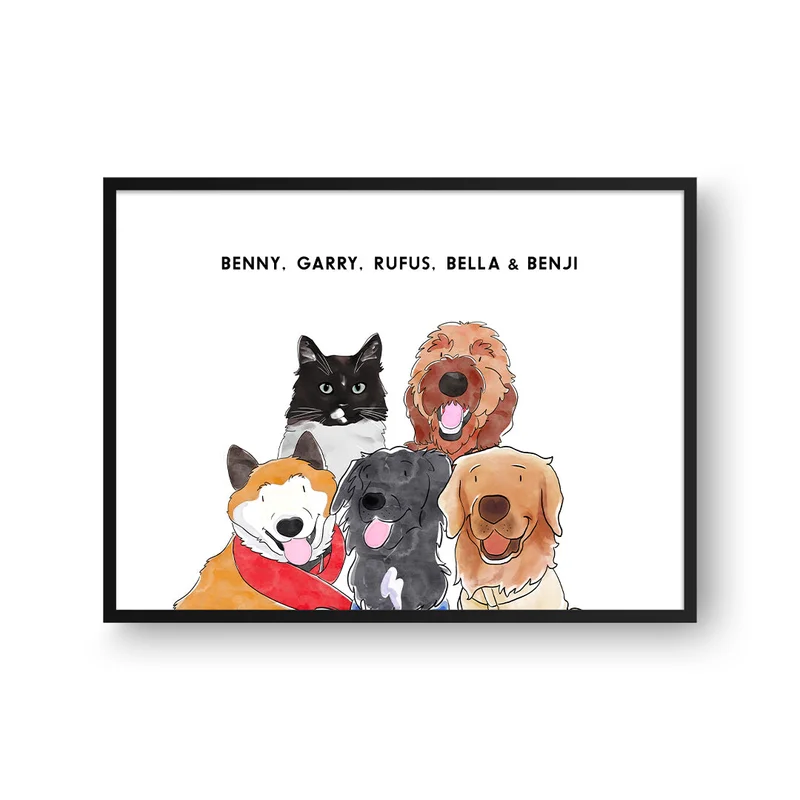 Image of Watercolor Pet Portrait - Five Pets, Framed Poster