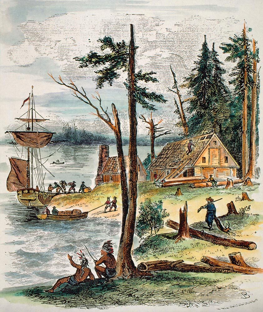 A landscape with log cabins being built, a ship docked near by, and two Native Americans sitting underneath a tree