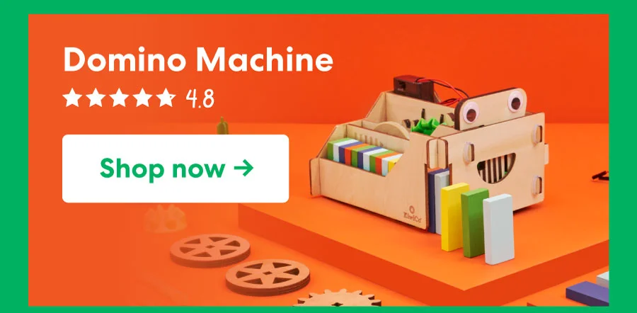 Image of the domino machine kit, rated 4.8 stars, with a button to shop now.