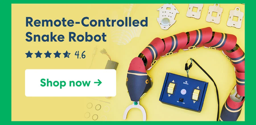 Image of the remote-controlled snake robot kit, rated 4.6 stars, with a button to shop now.