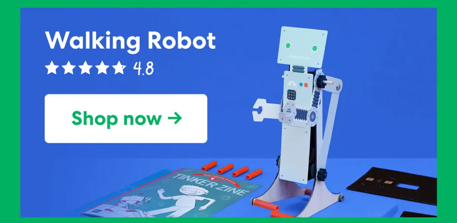Image of the walking robot kit, rated 4.8 stars, with a button to shop now.