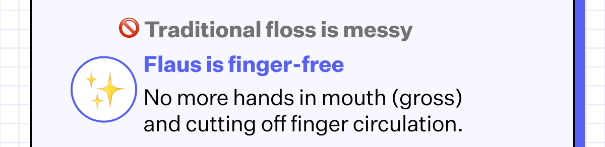 🚫 Traditional floss is messy, Flaus is finger-free - No more hands in mouth (gross) and cutting off finger circulation.